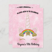 ピンクハート ゴールド レインボー スター ユニコーンの角 フェイス 招待状 (正面/裏面)