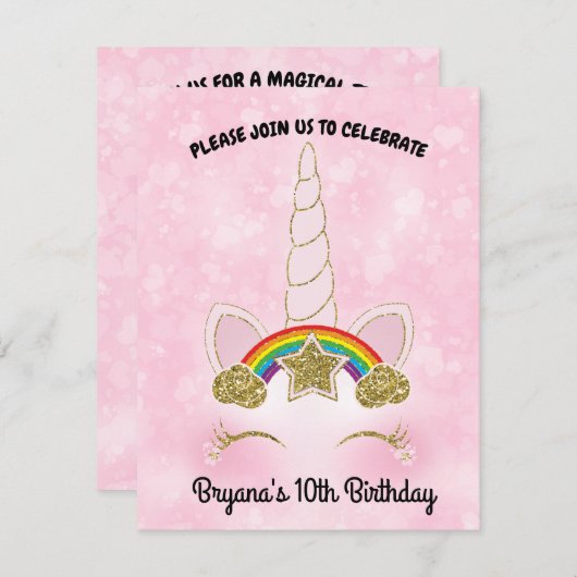 ピンクハート ゴールド レインボー スター ユニコーンの角 フェイス 招待状 (正面/裏面)