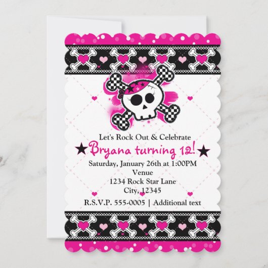 ピンクハート、スカル、クロスボーンパーティの招待状 招待状 (正面)