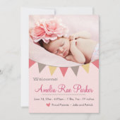 ピンクハート＆バナー - 新生児誕生のお知らせ 案内状 (正面)