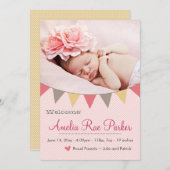 ピンクハート＆バナー - 新生児誕生のお知らせ 案内状 (正面/裏面)