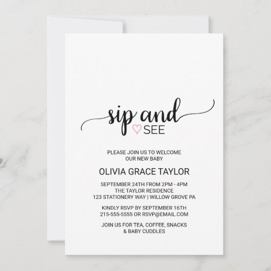 ピンクハート |黒シンプル書道のSipとSee 招待状 (正面)