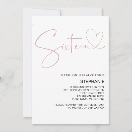 ピンクハートSweet sixteen誕生会 招待状 (正面)