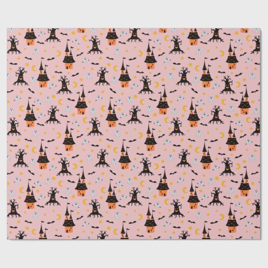 ピンクハ不気味ウス幽霊のよく出るハロウィーン ラッピングペーパー (フラット)
