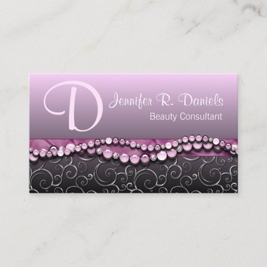 ピンクバイオレットビーズヴィンテージシルバースワールパターン 名刺 (正面)