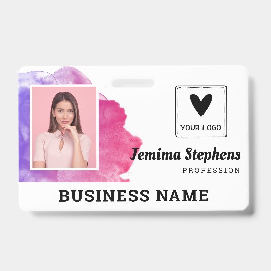 ピンクバイオレット水彩従業員のロゴを追加 バッジ (正面)