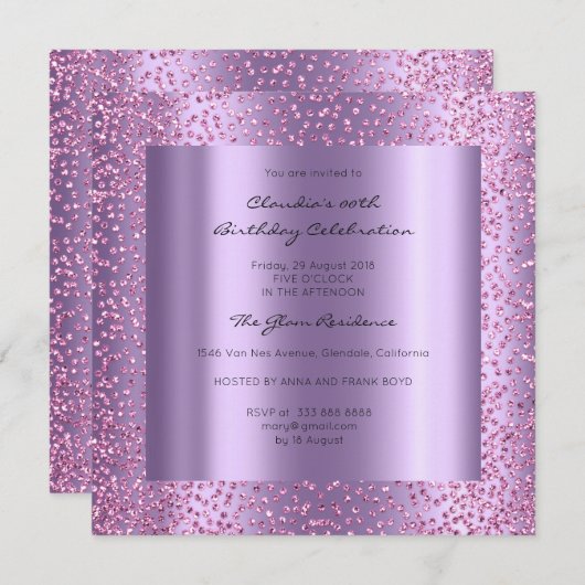 ピンクバイオレット紙吹雪ブライダルシャワー誕生日16th 招待状 (正面/裏面)