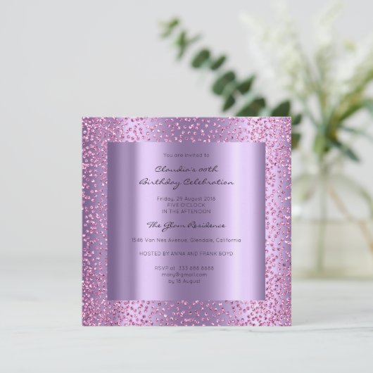 ピンクバイオレット紙吹雪ブライダルシャワー誕生日16th 招待状 (スタンド正面)