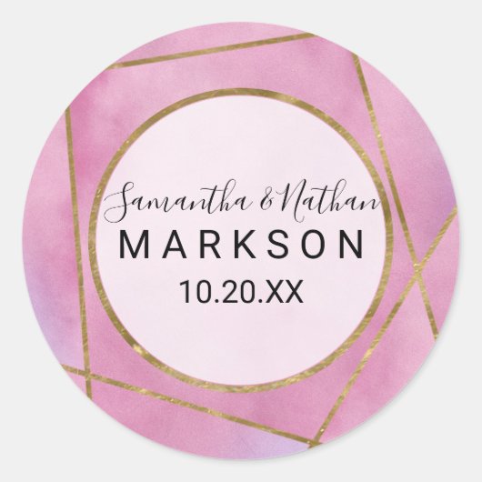 ピンクバイオレット金ゴールド水彩地域結婚式用シール ラウンドシール (正面)