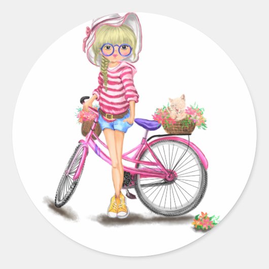 ピンクバイクステッカー付きブロンドの女の子 ラウンドシール (正面)