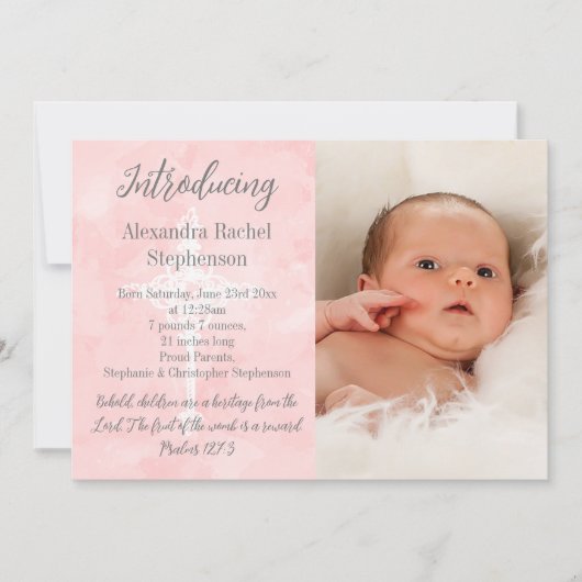 ピンクバイブル聖句クロスベビーガールフォト誕生 案内状 (正面)