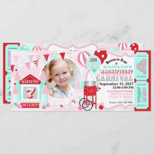 ピンクバウンスハウスカーニバル誕生日 招待状 (正面/裏面)