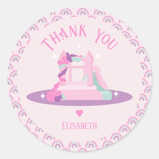 ピンクバウンスハウスキャッスル誕生日 ラウンドシール (正面)