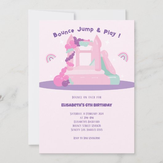 ピンクバウンスハウスキャッスル誕生日 招待状 (正面)