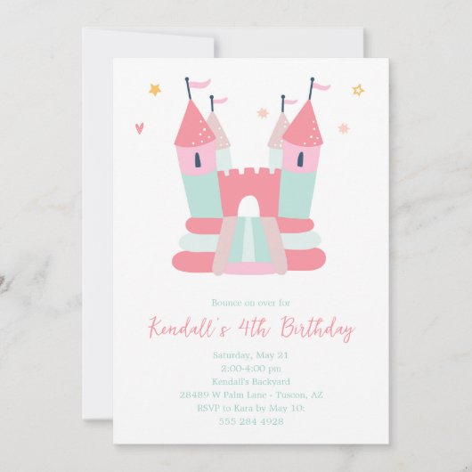 ピンクバウンスハウスバースデーパーティーの招待 招待状 (正面)