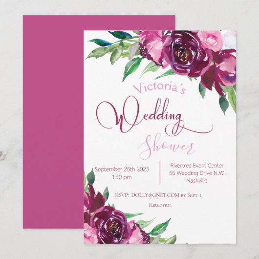 ピンクバエレガントルガンディフローラモダンウェディングシャワー 招待状 (正面/裏面)