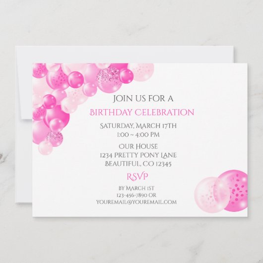 ピンクバガーリールーンアーチ誕生日パーティー 招待状 (裏面)
