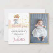 ピンクバジェットエレファントフォトファースト誕生日ガール サンキューカード (正面)