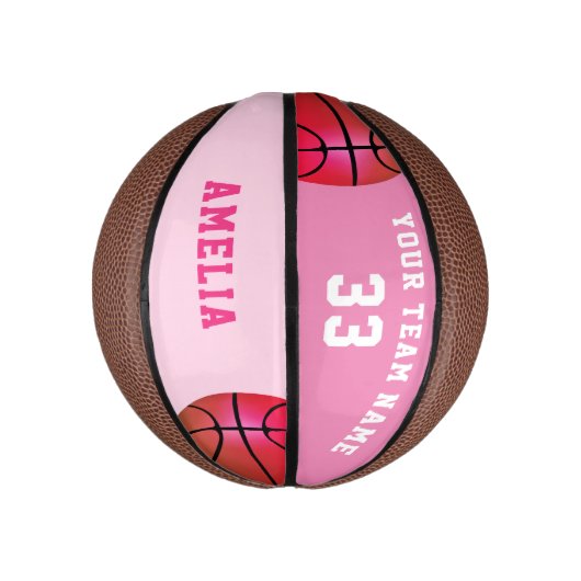 ピンクバスケットボールガール選手の名前チーム番号 ミニバスケットボール (縦)