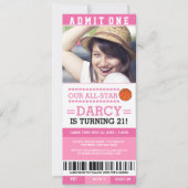 ピンクバスケットボールチケット誕生日招待状 招待状 (正面)