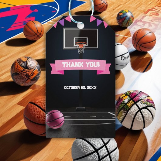 ピンクバスケットボールベビーシャワーパーティー ギフトタグ