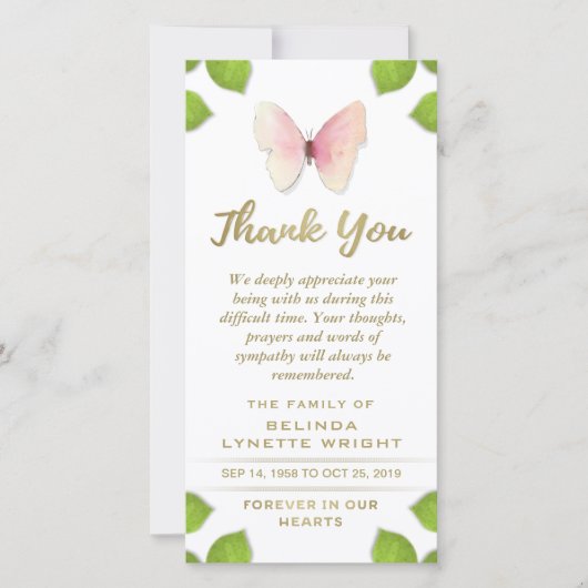 ピンクバタフライお見舞いカード サンキューカード (正面)