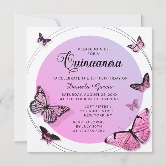 ピンクバタフライきらめくモダンクインセアニラ 招待状 (正面)