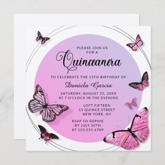 ピンクバタフライきらめくモダンクインセアニラ 招待状 (正面/裏面)