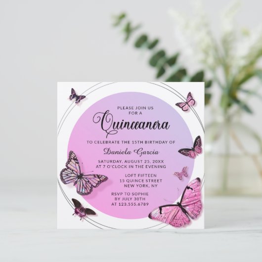 ピンクバタフライきらめくモダンクインセアニラ 招待状 (スタンド正面)