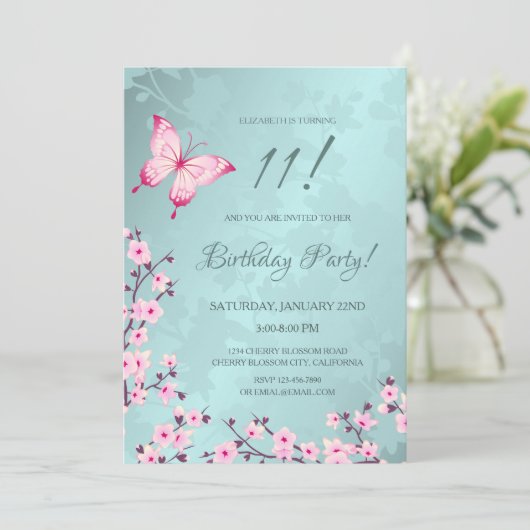 ピンクバタフライさくらんぼブロッサムターコイズ 招待状 (スタンド正面)