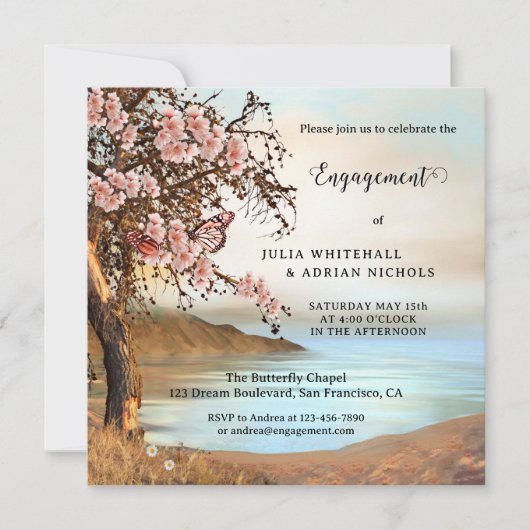 ピンクバタフライさくらんぼブロッサム婚約 招待状 (正面)