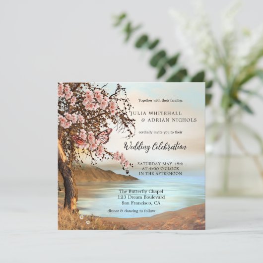 ピンクバタフライさくらんぼブロッサム結婚式招待状 招待状 (スタンド正面)