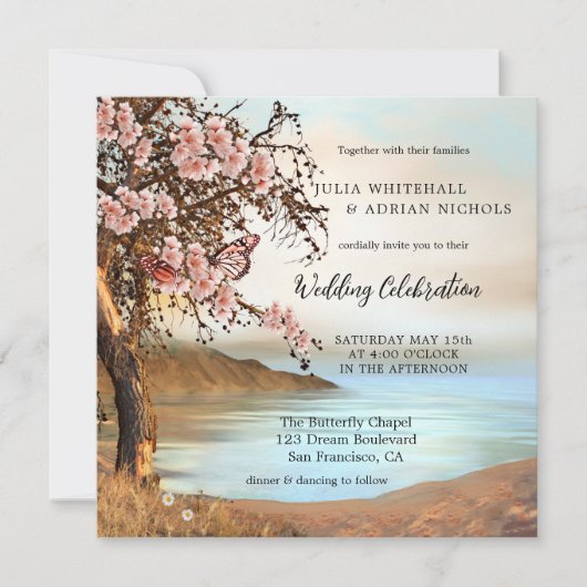 ピンクバタフライさくらんぼブロッサム結婚式招待状 招待状 (正面)