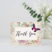 ピンクバタフライとシャビーヴィンテージバラありがとう ポストカード (スタンド正面)