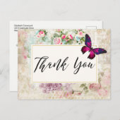 ピンクバタフライとシャビーヴィンテージバラありがとう ポストカード (正面/裏面)