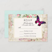 ピンクバタフライとヴィンテージバラウェディングRSVP 出欠カード (正面/裏面)