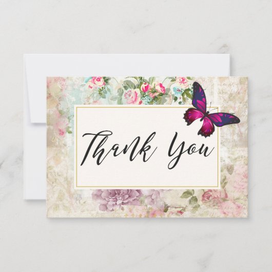 ピンクバタフライとヴィンテージバラコラージュ サンキューカード (正面)