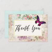 ピンクバタフライとヴィンテージバラコラージュ サンキューカード (正面/裏面)