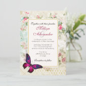 ピンクバタフライとヴィンテージバラ結婚コラージュ 招待状 (スタンド正面)