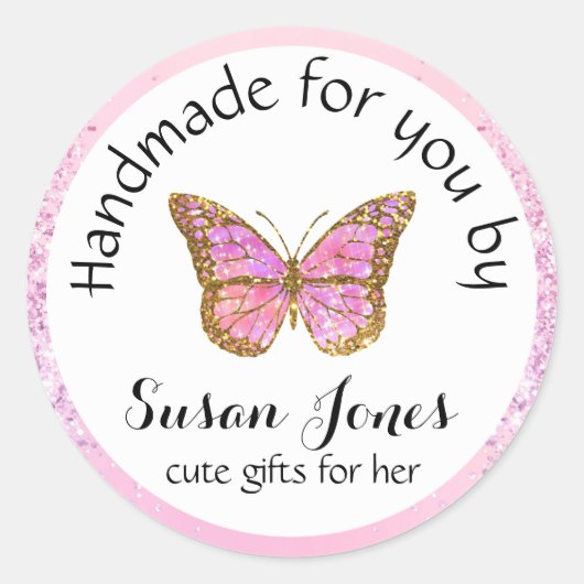 ピンクバタフライのビジネスロゴ ラウンドシール (正面)