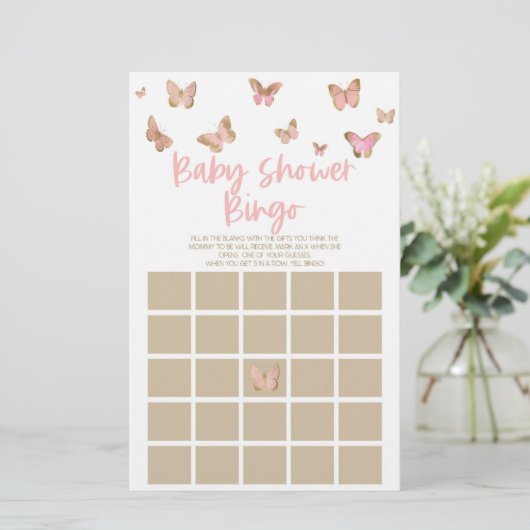 ピンクバタフライをテーマにしたビンゴベビーシャワーゲーム 便箋 (スタンド正面)