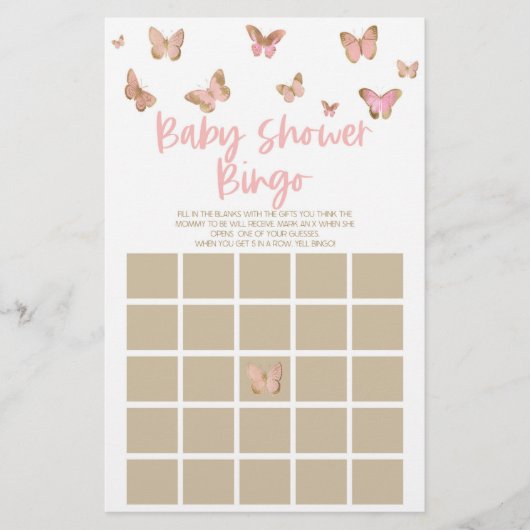 ピンクバタフライをテーマにしたビンゴベビーシャワーゲーム 便箋 (正面)