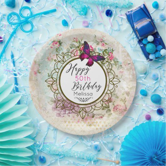 ピンクバタフライアンドシャビーヴィンテージバラ誕生日 ペーパープレート (パーティー)