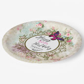 ピンクバタフライアンドシャビーヴィンテージバラ誕生日 ペーパープレート (アングル)