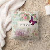 ピンクバタフライアンドシャビーヴィンテージバラ クッション (ブランケット)