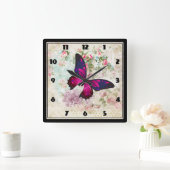 ピンクバタフライアンドシャビーヴィンテージバラ スクエア壁時計 (ホーム)