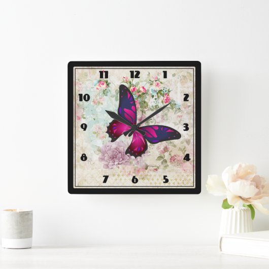 ピンクバタフライアンドシャビーヴィンテージバラ スクエア壁時計 (ホーム)