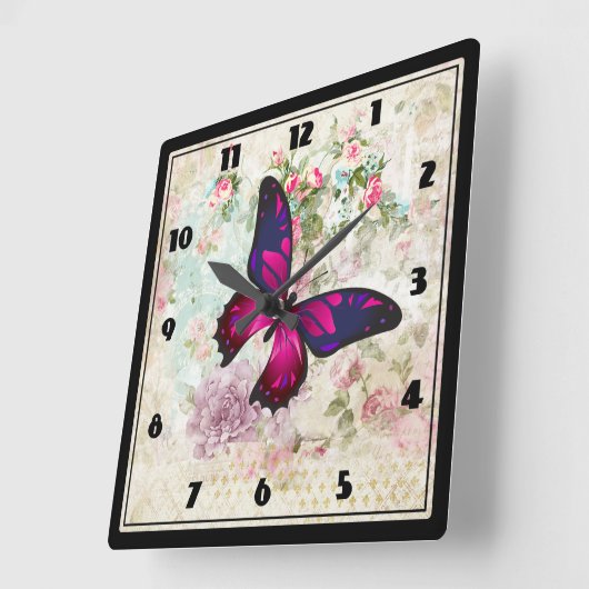 ピンクバタフライアンドシャビーヴィンテージバラ スクエア壁時計 (傾斜)