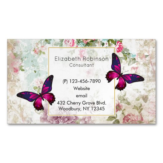 ピンクバタフライアンドシャビーヴィンテージバラ マグネット名刺 (正面)