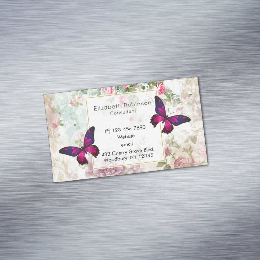 ピンクバタフライアンドシャビーヴィンテージバラ マグネット名刺 (インサイチュ)